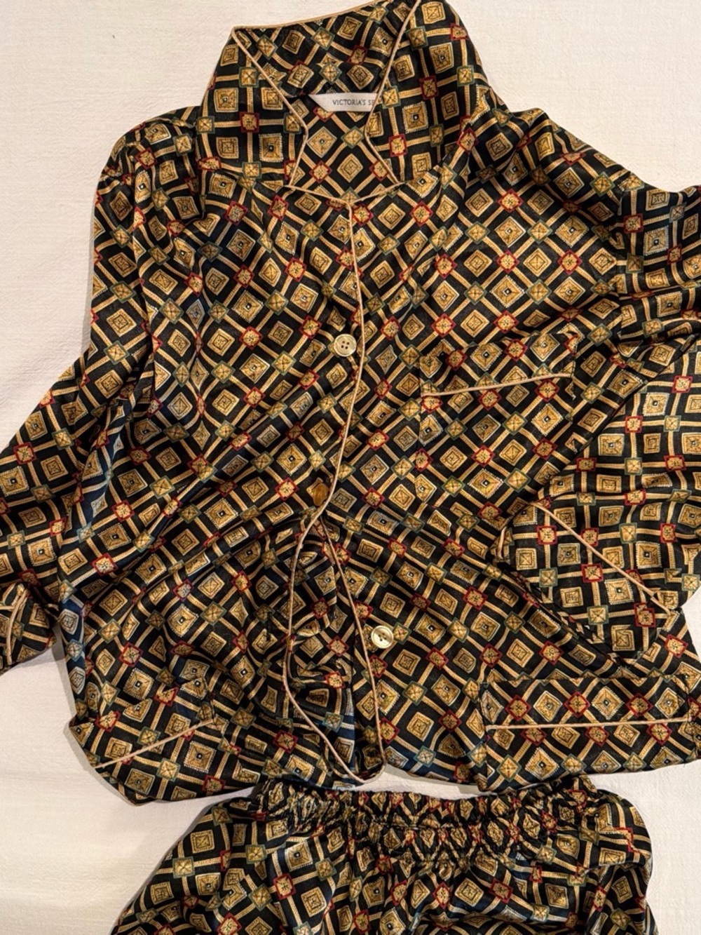 Victoria's Secret Black, Gold & Red Geometric Satin Top